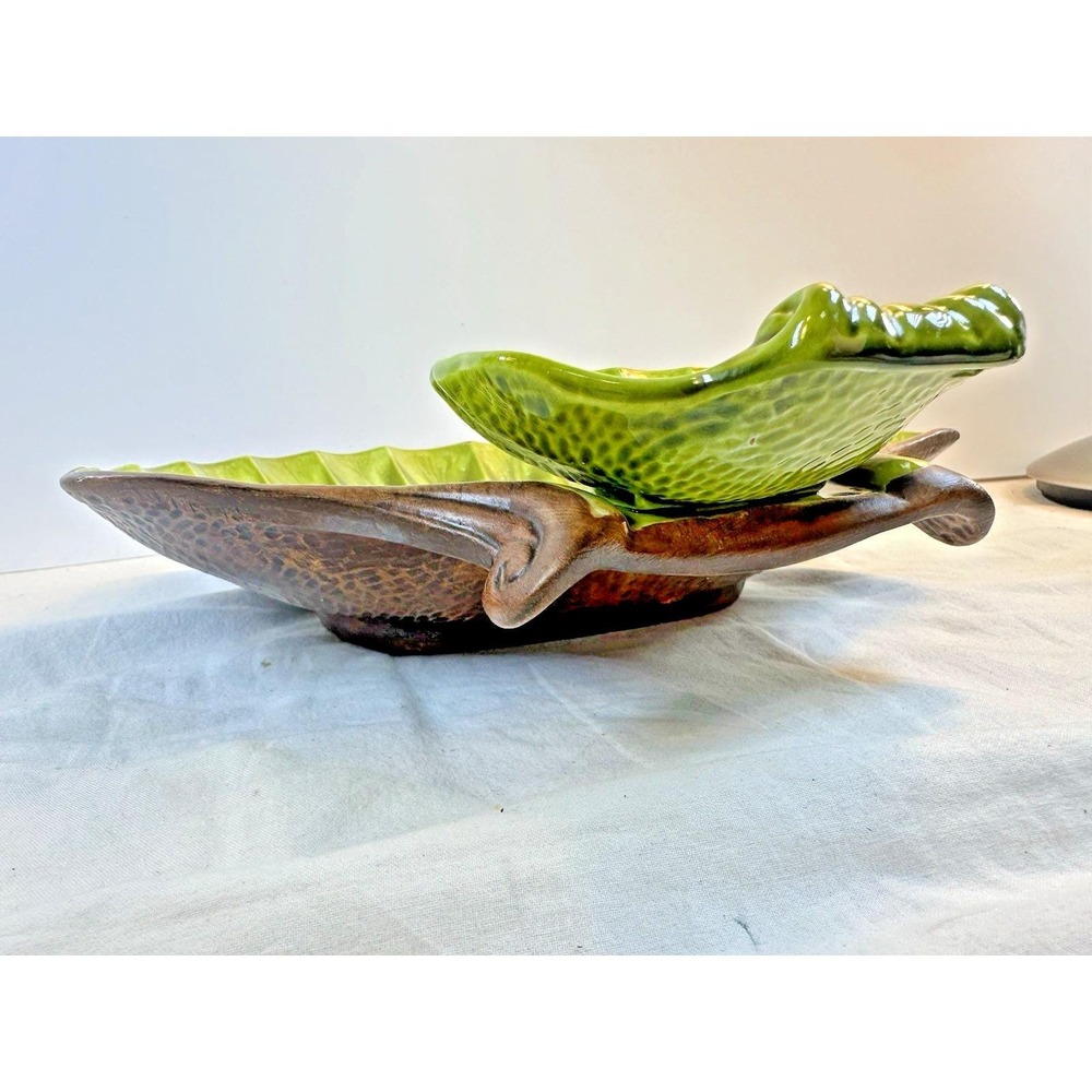 Vintage Treasure Craft MCM Green Clam Shell Chip/Dip Bowl Set 2-Tier Drip Glaze - Picture 5 of 13